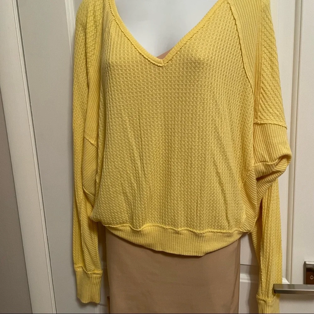 Free People | Santa Clara Thermal Yellow Long Sleeve V Neck Waffle Knit Top